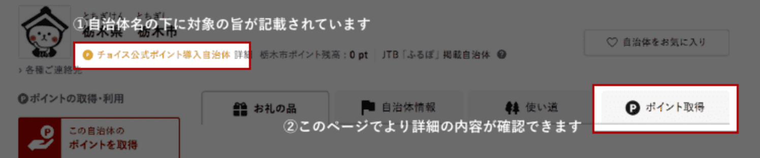 ①自治体名の下に対象の旨が記載されています ②ポイント取得のページより詳細の内容が確認できます